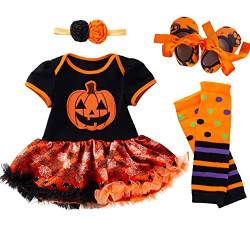 PUPYGIYUC Baby Mädchen Halloween Kostüme Baby Kürbis Strampler 4-teiliges Set Tutu Spitzenrock + Stirnband + Schuhe + Beinwärmer 0-3 Monate von PUPYGIYUC