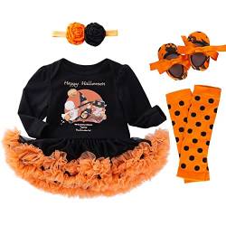 PUPYGIYUC Baby Mädchen Halloween Kostüme Baby Langarm Strampler 4-teiliges Set Tutu Spitzenrock + Stirnband + Schuhe + Beinwärmer Schwarz 0-3 Monate von PUPYGIYUC