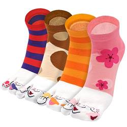 PUTUO Damen Flip Flops Tabi Socken Baumwolle Zwei-Zehen-Socken Bunte Geta Socken Kurze Zehensocken mit Gestreiftes und Tier Muster Frauen Tabisocken, Größe 35-41, 4 Paare von PUTUO