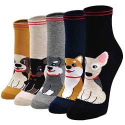 PUTUO Damen Socken aus Baumwolle Lustige Bunte Socken, Frauen Damen Thermal Socken Witzige Socken Karikatur Tier Socken Weihnachtssocken, 5 Paare, EU 37 - 43, Hundemuster 1 von PUTUO