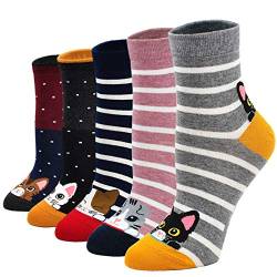 PUTUO Damen Socken aus Baumwolle Lustige Bunte Socken, Frauen Damen Thermal Socken Witzige Socken Karikatur Tier Socken Weihnachtssocken, 5 Paare, EU 37 - 43, Katzenmuster von PUTUO