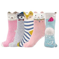 PUTUO Kinder Socken Mädchen Stoppersocken: Kindersocken aus Baumwolle Antirutschsocken Haussocken Kinder ABS Socken mit Lustige Bunte Tiermuster Geschenke für Jungen, Größe 23-26, 2-4 Jahre, 5 Paare von PUTUO