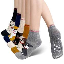 PUTUO Stoppersocken Damen Lustige Socken: Antirutschsocken Damen Rutschfest ABS Socken aus Baumwolle Frauen Katzen rutschsocken mit Bunte Witzige Tier Muster 5 Paare von PUTUO