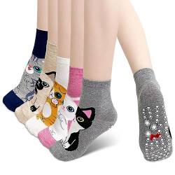 PUTUO Stoppersocken Damen Lustige Socken: Antirutschsocken Damen Rutschfest ABS Socken aus Baumwolle Frauen Katzen rutschsocken mit Bunte Witzige Tier Muster 5 Paare von PUTUO