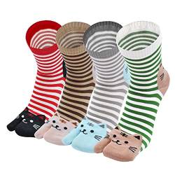 PUTUO Tabi Flip Flops Socken Damen Baumwolle Zwei-Zehen-Socken Bunte Geta Socken Kurze Zehensocken mit Süßes Katzen Muster Frauen Tabisocken, Größe 35-41, 4 Paare von PUTUO