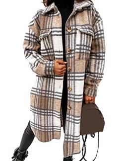 PUWEI Lange Flanell-Jacke für Damen, kariert, gemütliches Revers, Knopfleiste, flauschiger Trenchcoat, Khaki, XXL von PUWEI