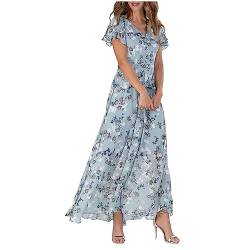 Damen Kleider Swing Langes Kleid Chiffon Floral Kurzarm Rüschen V-Ausschnitt Mode Taille Flowy Kleid Kleider, S-2XL, Hell, blau, Mittel von PVTOSD