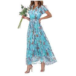 Damen Kleider Swing Langes Kleid Chiffon Floral Kurzarm Rüschen V-Ausschnitt Mode Taille Flowy Kleid Kleider, S-2XL, Himmelblau, XX-Large von PVTOSD