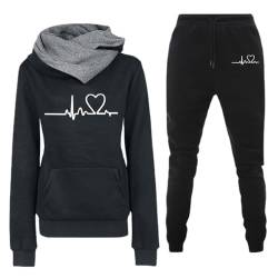 PW TOOLS Damen Trainingsanzug Set 2-Teilig Damen Casual Sportswear Set Heartbeat Print Hoodie Jogginganzug Damen Set Trainingsanzug Damen Kapuzenpullover Sporthose Set von PW TOOLS