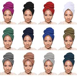 PWEOUKE 12 Stück große dehnbare Turban-Kopfschals, afrikanische Strickstücher, einfarbig, Hijap-Schal für muslimische von PWEOUKE