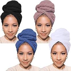 PWEOUKE 4 Stück Jersey Turban Stretch Kopfwickel afrikanische Headwraps für Frauen einfarbig von PWEOUKE