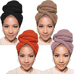 PWEOUKE 4 Stück Jersey Turban Stretch Kopfwickel afrikanische Headwraps für Frauen einfarbig von PWEOUKE