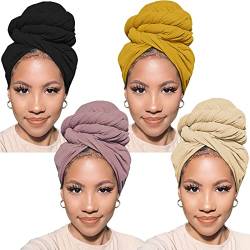 PWEOUKE 4 Stück Kopfwickel für Frauen mit natürlichem Haar, einfarbig, Stretch-Jersey, afrikanischer Turban-Kopftuch für Haar, weiches extra Kopfband von PWEOUKE