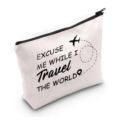 PWHAOO Kosmetiktasche mit Aufschrift "Excuse Me While I Travel The World", "Who Loves Traveling", Geschenk für Weltreisende, While I Travel The World M von PWHAOO