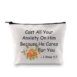 PXTIDY Jehova Zeuge Geschenk Bibelvers Geschenk Cast All Your Anxiety On Him 1 Peter 5:7 Christliche Kosmetiktasche JW Taufe Geschenk, Beige, ONE SIDE von PXTIDY