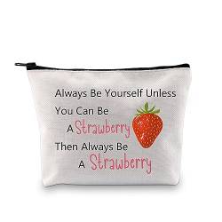 PXTIDY Lustige Erdbeer-Make-up-Tasche Obst Erdbeer-Liebhaber Geschenk Always Be Yourself Erdbeer-Themed Kosmetiktasche Erdbeer-Geschenke, beige, Einheitsgröße, Make-up-Tasche von PXTIDY