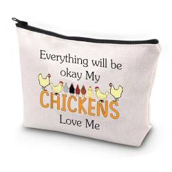 PXTIDY Make-up-Tasche für Hühnerliebhaber, Aufschrift "Everything Will Be Okay My Chickens Love Me", lustiges Hühnerbauer-Geschenk, beige, Einheitsgröße, Kosmetiktasche von PXTIDY