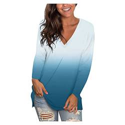 PYUIYY Bluse Damen Oversize Lose Freizeit Farbverlauf Shirts Hemd Langarmshirt V Ausschnitt Langarm Longshirt Oberteile Tops Tunika Pullover Sweatshirt Hemden Mädchen Teenager(A Blau,XXL) von PYUIYY