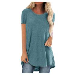 PYUIYY Longshirts Damen Sommer Oversize Casual Mode Blumendruck Einfarbig T-Shirt Tunika Oberteil Kurzarm Rundhals Tshirt Bluse Tops Lang Hemd Pullover Knöpfen Mädchen Frauen(FBlau,XXXXXL) von PYUIYY