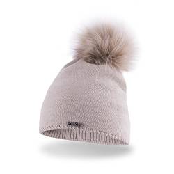 PaMaMi Damen Winter-Mütze mit Webpelz-Bommel | 3 Farben | Gr. 55-58 cm | Gefüttert, in Strickoptik | Feminine, sehr warme Strickmütze mit flauschigem Futter (Beige) von PaMaMi