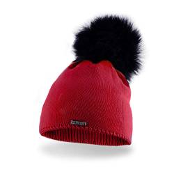 PaMaMi Damen Winter-Mütze mit Webpelz-Bommel | 3 Farben | Gr. 55-58 cm | Gefüttert, in Strickoptik | Feminine, sehr warme Strickmütze mit flauschigem Futter (Rot) von PaMaMi