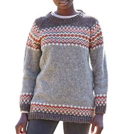 Pachamama Damen Wollpullover handgestrickt Fair Isle Naturfarben handgefertigt extra warm Sweater Fair Trade, grau, S von Pachamama