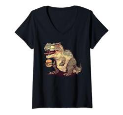 Damen Pachycephalosaurus isst einen Hamburger T-Shirt mit V-Ausschnitt von Pachycephalosaurus Paleontology Prehistoric Dinos