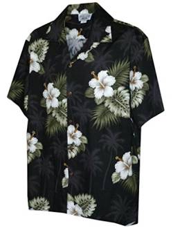 Pacific Legend Hawaii-Hemd für Herren mit Blumenmuster und Hibiskus und Palme, Schwarz mit weißen Blüten, Groß von Pacific Legend