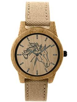 Pacific Time Damen Armbanduhr Pferd Holz Canvas Uhrenarmband Textil beige analog Quarz 87204 von Pacific Time