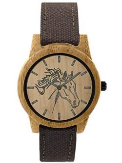 Pacific Time Damen Armbanduhr Pferd Holz Canvas Uhrenarmband Textil braun analog Quarz 87205 von Pacific Time