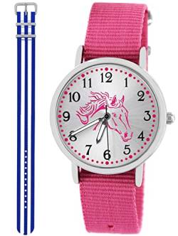 Pacific Time Kinder Armbanduhr Mädchen Junge Pferd Kinderuhr Set 2 Textil Armband rosa + blau Weiss analog Quarz 10552 von Pacific Time