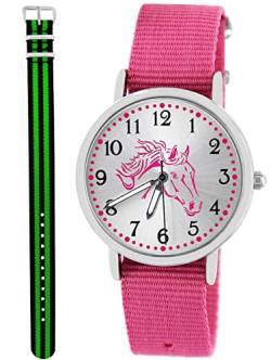 Pacific Time Kinder Armbanduhr Mädchen Junge Pferd Kinderuhr Set 2 Textil Armband rosa + grün schwarz analog Quarz 10558 von Pacific Time