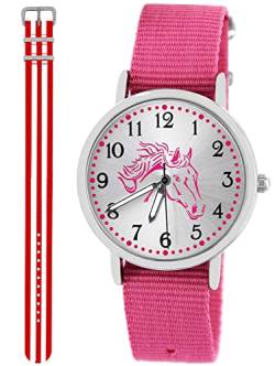 Pacific Time Kinder Armbanduhr Mädchen Junge Pferd Kinderuhr Set 2 Textil Armband rosa + rot Weiss analog Quarz 10568 von Pacific Time