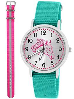 Pacific Time Kinder Armbanduhr Mädchen Junge Pferd Kinderuhr Set 2 Textil Armband türkis + rosa reflektierend analog Quarz 10579 von Pacific Time