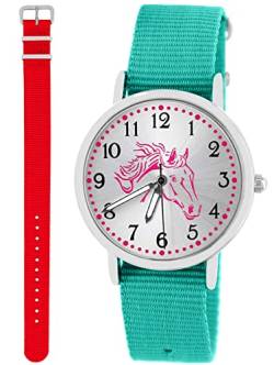 Pacific Time Kinder Armbanduhr Mädchen Junge Pferd Kinderuhr Set 2 Textil Armband türkis + rot analog Quarz 10586 von Pacific Time