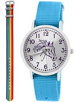 Pacific Time Kinder Armbanduhr Mädchen Junge Pferd Motivuhr Kinderuhr Set 2 Textil Armband hellblau + Regenbogen analog Quarz 10379 von Pacific Time