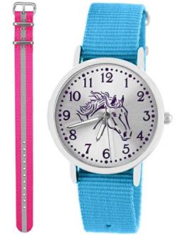 Pacific Time Kinder Armbanduhr Mädchen Junge Pferd Motivuhr Kinderuhr Set 2 Textil Armband hellblau + pink reflektierend analog Quarz 10383 von Pacific Time