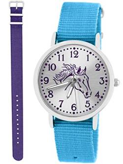 Pacific Time Kinder Armbanduhr Mädchen Junge Pferd Motivuhr Kinderuhr Set 2 Textil Armband hellblau + violett analog Quarz 10375 von Pacific Time