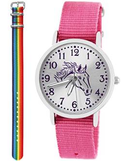 Pacific Time Kinder Armbanduhr Mädchen Junge Pferd Motivuhr Kinderuhr Set 2 Textil Armband rosa + Regenbogen analog Quarz 10366 von Pacific Time