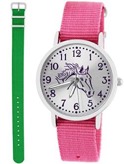 Pacific Time Kinder Armbanduhr Mädchen Junge Pferd Motivuhr Kinderuhr Set 2 Textil Armband rosa + grün analog Quarz 10363 von Pacific Time