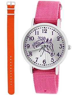 Pacific Time Kinder Armbanduhr Mädchen Junge Pferd Motivuhr Kinderuhr Set 2 Textil Armband rosa + orange analog Quarz 10371 von Pacific Time