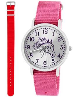 Pacific Time Kinder Armbanduhr Mädchen Junge Pferd Motivuhr Kinderuhr Set 2 Textil Armband rosa + rot analog Quarz 10368 von Pacific Time
