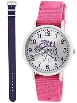 Pacific Time Kinder Armbanduhr Mädchen Junge Pferd Motivuhr Kinderuhr Set 2 Textil Armband rosa + violett analog Quarz 10362 von Pacific Time