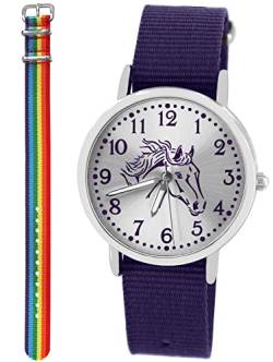 Pacific Time Kinder Armbanduhr Mädchen Junge Pferd Motivuhr Kinderuhr Set 2 Textil Armband violett + Regenbogen analog Quarz 10325 von Pacific Time