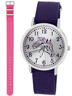 Pacific Time Kinder Armbanduhr Mädchen Junge Pferd Motivuhr Kinderuhr Set 2 Textil Armband violett + rosa analog Quarz 10321 von Pacific Time