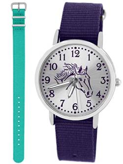 Pacific Time Kinder Armbanduhr Mädchen Junge Pferd Motivuhr Kinderuhr Set 2 Textil Armband violett + türkis analog Quarz 10319 von Pacific Time