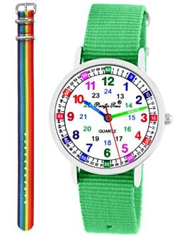 Pacific Time Kinder Armbanduhr Mädchen Jungen Lernuhr Kinderuhr Set 2 Textil Armband grün + bunter Regenbogen analog Quarz 11108 von Pacific Time