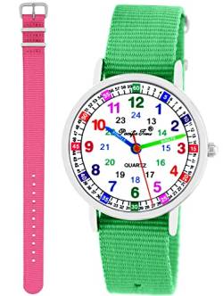 Pacific Time Kinder Armbanduhr Mädchen Jungen Lernuhr Kinderuhr Set 2 Textil Armband grün + rosa analog Quarz 11100 von Pacific Time