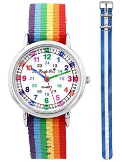 Pacific Time Kinder Armbanduhr Mädchen Jungen Lernuhr sehr gut ablesbar Wechsel Textilarmband Regenbogen + blau reflektierend analog Quarz 12919 von Pacific Time