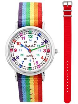 Pacific Time Kinder Armbanduhr Mädchen Jungen Lernuhr sehr gut ablesbar Wechsel Textilarmband Regenbogen + rot analog Quarz 12913 von Pacific Time